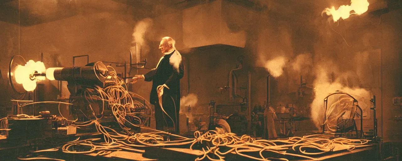 Prompt: james watt inventing the spaghetti steam engine, canon 5 0 mm, cinematic lighting, photography, retro, film, kodachrome