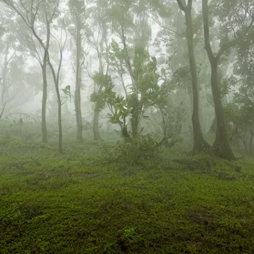 Prompt: hilly island in the middle of a misty fairy swamp, the island has legs, walking island with legs, walking on its legs