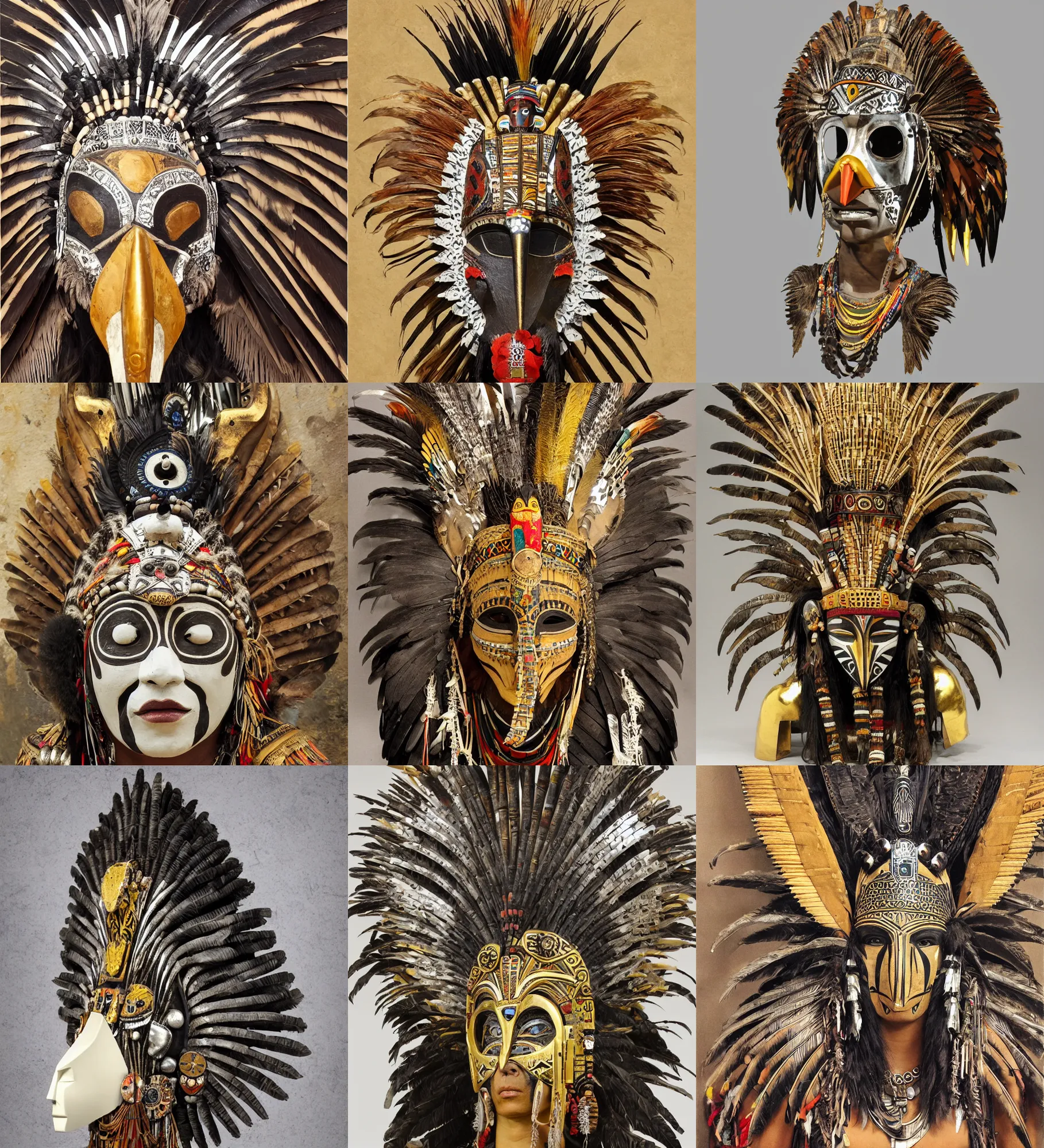 Prompt: aztec shaman, african mask, primal, asian female, boho style, wood clay marble ivory crow swan eagle wings head eyes bamboo, golden and silver jewerly, low poly, brutal modern sculpure, painting by frank frazetta and Joaquin Sorolla, digital art