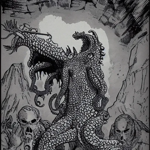 Prompt: Fishmen worship a statue of Cthulu in a dark cave. D&D. Pen and ink. 1980s Black and white. Mike Mignola, Larry Elmore.