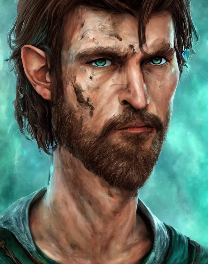 Prompt: An epic fantastic realism comic book style portrait painting of an arrogant half elf ranger with shaggy brown hair, scruffy beard, scar on face, teal tunic, 8k, 4k, D&D Concept Art, unreal 5, DAZ, hyperrealistic, octane render, cosplay, RPG portrait, dynamic lighting