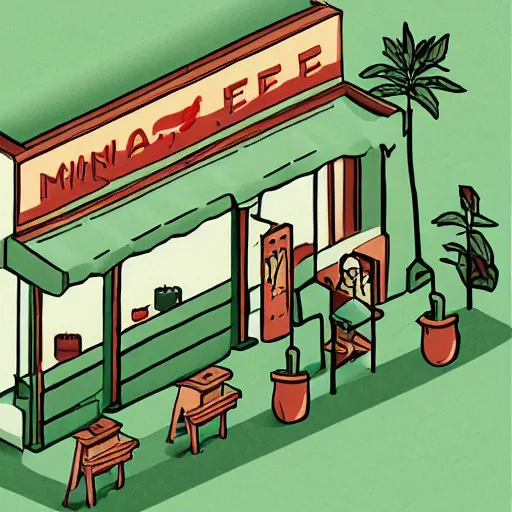 Image similar to hand - drawn minimalistic line portrait of cannabis cafe, isometric, inked, digital art