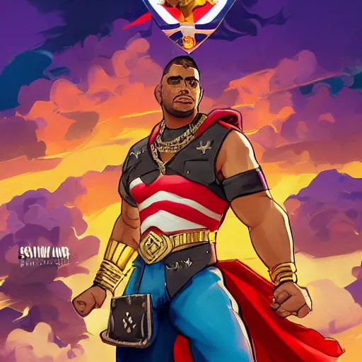 Image similar to Puerto Rican super hero, San Juan Puerto Rico, boricua, Puerto Rico, hip hop, multiple golden necklaces, fantasy art apex fortnite Video game icon, 2d game art gta5 cover , official fanart behance hd artstation by Jesper Ejsing, by RHADS, Makoto Shinkai and Lois van baarle, ilya kuvshinov, rossdraws