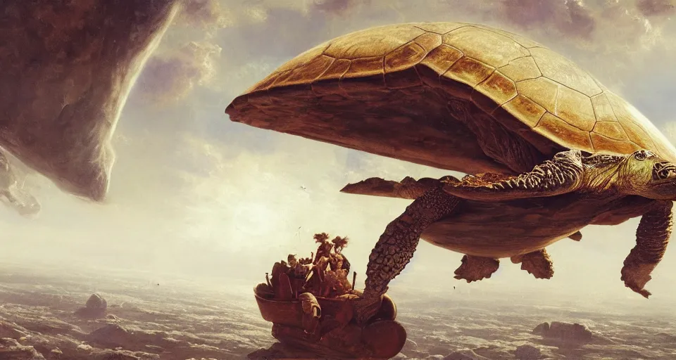 Image similar to flat earth on the back of a colossal turtle in space, realistic, matte painting, unreal engine, 8k, wide angle, f12, anders zorn, thomas kincade, trending on artstation