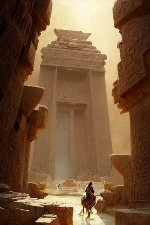 Prompt: a fantasy concept artwork depicting magnificent egyptian temple in the desert by anders zorn, craig mullins and greg rutkowski, beautiful cinematic light