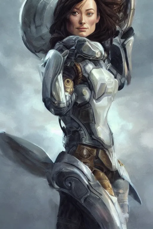 Image similar to a professional painting of a young Olivia Wilde, clothes in military armor, olive skin, long dark hair, beautiful bone structure, symmetrical facial features, intricate, elegant, digital painting, concept art, smooth, sharp focus, illustration, from StarCraft by Ruan Jia and Mandy Jurgens and Artgerm and William-Adolphe Bouguerea