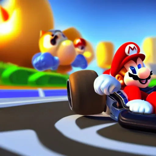 Image similar to cat driving mario kart on realistic road, motion blur, clear sky, golden hour, unobstructed road, artstation