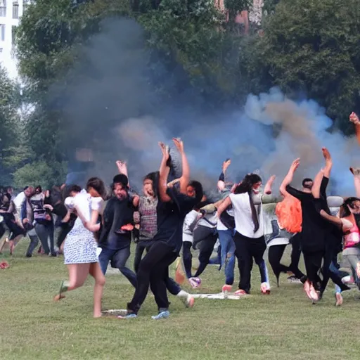 Prompt: a campus burning, the professor was on fire running in terror, the students are dancing around in joy, journalism photo, realistic