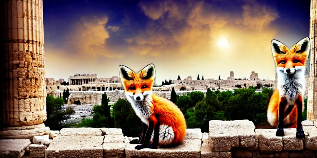 Prompt: a adorable small fox in the huge ruins of the second temple in jerusalem in the distance. the third temple hovers quietly hiding in the dreamy clouds above. a hooded bearded old man in a brown tunic laughing, colorful 8 k, art station, intricate superb details, digital art, cinematic, bokeh dof sky, by jim warren.