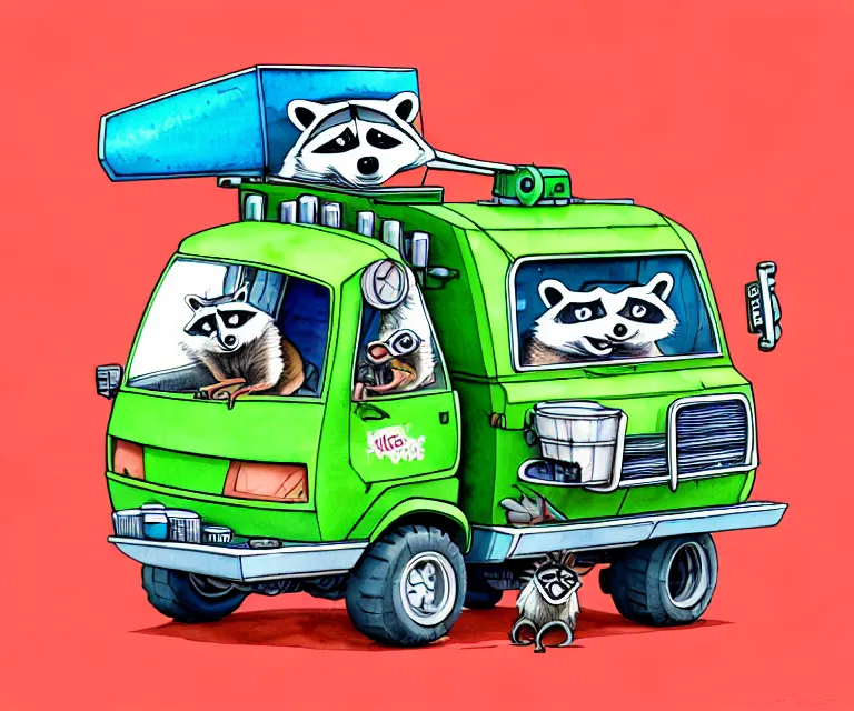 Image similar to cute and funny, racoon wearing goggles driving a tiny garbage truck, ratfink style by ed roth, centered award winning watercolor pen illustration, isometric illustration by chihiro iwasaki, edited by craola, tiny details by artgerm and watercolor girl, symmetrically isometrically centered