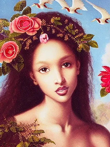 Prompt: jasmine tookes, the goddess of love : : background of roses, myrtle, doves : : rococo, academicism, hyperreal