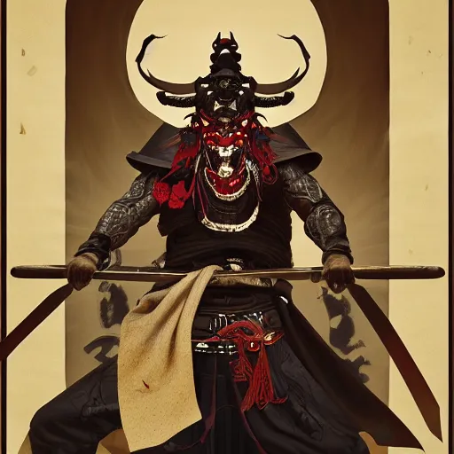 Image similar to samurai with demon mask, oni mask on face, dark fantasy, intricate, elegant, highly detailed, digital painting, artstation, concept art, smooth, sharp focus, illustration, artstation, cgsociety, art by artgerm and greg rutkowski and alphonse mucha