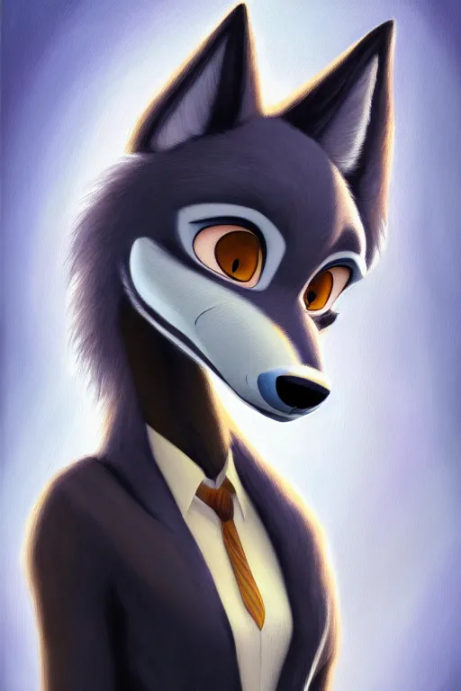 Image similar to oil painting of anthromorphic female wolf, in style of zootopia, female fursona, furry, furaffinity, 4 k, deviantart, furry art, fursona art, wearing black business suit, business suit, wolf fursona, female, smug expression,