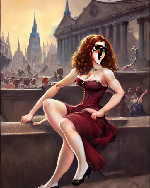 Image similar to pinup photo of hermione granger by emma watson in the crowded square of the city, by greg rutkowski, gil elvgren, enoch bolles, kezie demessance, glossy skin, pearlescent, very coherent, very detailed