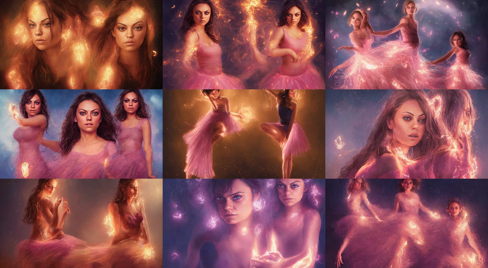 Prompt: full body portrait of ballet mila kunis, bangs, blue eyes, sultry expression, golden hair, sultry smirk, pink skirt, electrical, intricate, elegant, glowing fireflies, highly detailed, wlop, mars ravelo, greg rutkowski