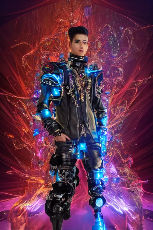 Image similar to full-body cyberpunk style sculpture of a young handsome Colombian prince half android with a chest opening exposing circuitry and electric sparks, glowing pink eyes, crown of blue flowers, flowing salmon-colored silk, fabric, raptors. baroque elements. full-length view. baroque element. intricate artwork by caravaggio. many many birds birds on background. Trending on artstation, octane render, cinematic lighting from the right, hyper realism, octane render, 8k, depth of field, 3D