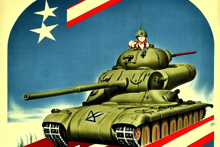 Image similar to uwu, 1940s, war, anime, poster, tanks