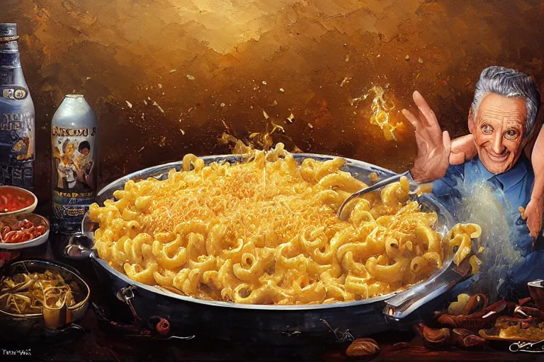 Image similar to portrait of bob barker swimming in a pool of mac and cheese, an oil painting by ross tran and thomas kincade