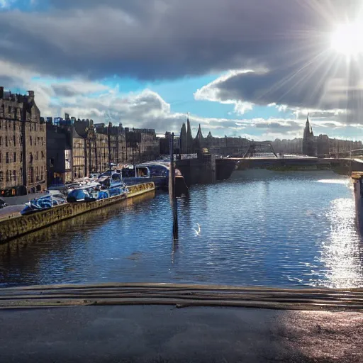 Image similar to Cityscape view of Edinburgh but underwater, sharp focus, sun rays through the water