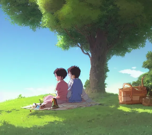 Image similar to a wholesome animation key shot of a boy and a girl sitting together under a tree, having a picnic, boy and girl!!, studio Ghibli, Pixar and Disney animation, sharp, very detailed, high resolution, by Raphael LaCoste and Ruan Jia and Robert McCall, postcyberpunk, geodesic, hyperdetailed, sunrise, wide shot, autochrome, octane render, inspired by Hayao Miyazaki, anime key art by Greg Rutkowski, Bloom, dramatic lighting