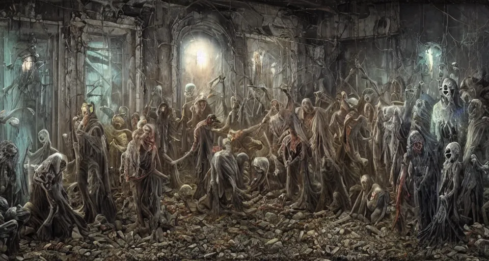 Image similar to A horrific sinister painting of souls of the dead queueing up outside a door in an abandoned warehouse by Tom Bagshaw, Dan Mumford, Dariusz Zawadzki, Todd McFarlane, and Erik Johansson.