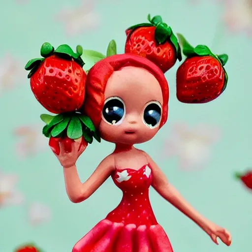 Prompt: a femo figurine of a cute funny strawberry fairy with a frilly floral dress featured in the very hungry caterpillar, by lois van baarle