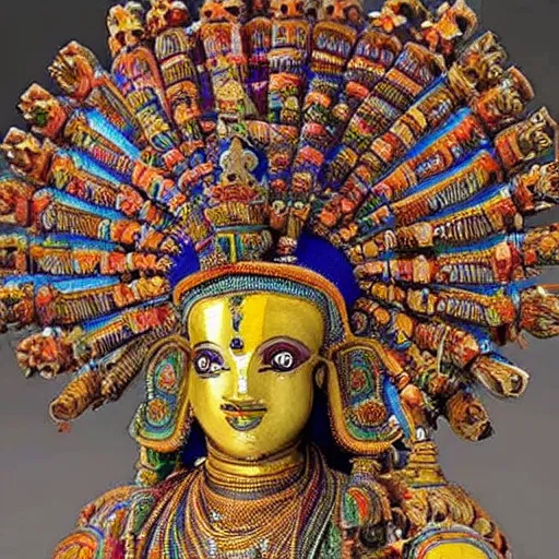 Image similar to a woman wearing an armor and head - dress. the armor and head - dress is made out of the colors, textures and sculptures of the meenakshi temple in madurai. intricate. detailed.