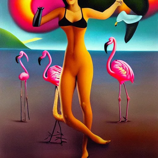 Image similar to A surreal oil painting of a puzzle containing a beautiful woman and Flamingos on a desert beach by Salvador Dali, dark vibes, high contrast, cinematic, depth of field