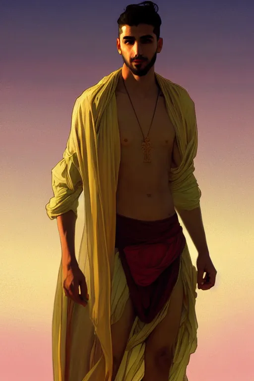 Image similar to full figure beautiful young fit arabic man, dressed with multicolored fluent clothes, luminous scene, by greg rutkowski and alphonse mucha, d & d character, gradient white to gold, in front of a dune desert background, highly detailed portrait, digital painting, artstation, concept art, smooth, sharp focus illustration, artstation hq