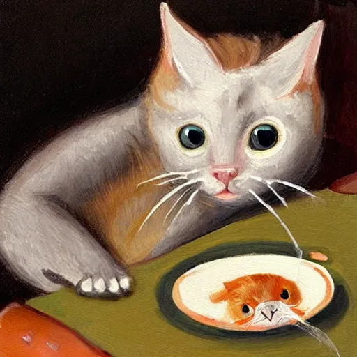 Image similar to a cute painting of a surprised cat caught in the act of stealing a fish off of a dinner plate