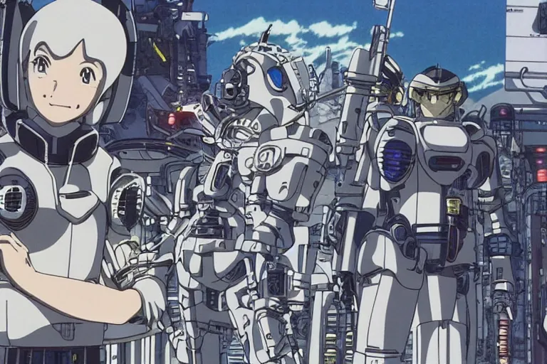 Image similar to still from anime sci-fi movie by Studio Ghibli, illustrated by Masamune Shirow