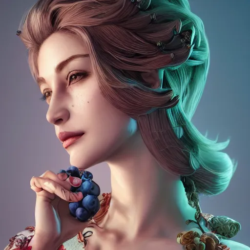 Image similar to the face of an absurdly beautiful, graceful, elegant, sophisticated woman made of blueberries and blackberries, an ultrafine hyperdetailed illustration by kim jung gi, irakli nadar, intricate linework, bright colors, octopath traveler, final fantasy, unreal engine 5 highly rendered, global illumination, radiant light, detailed and intricate environment