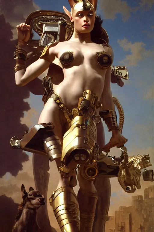 Image similar to Mystical Anubis, Regal, Realistic, Refined, full portrait of a beautiful female Cyborg Valkyrie Warrior, Detailed Digital Art, Oil Painting, William-Adolphe Bouguereau, Steampunk, Walt Disney (1937), dynamic lighting, very very very very very beautiful, character illustration by François Boucher, Highly Detailed, Cinematic Lighting, Unreal Engine, 8k, HD