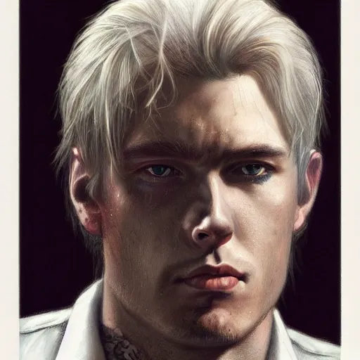 Image similar to a head - on portrait of a 2 0 - something man, brown messy hair, by wayne barlowe and charlie bowater