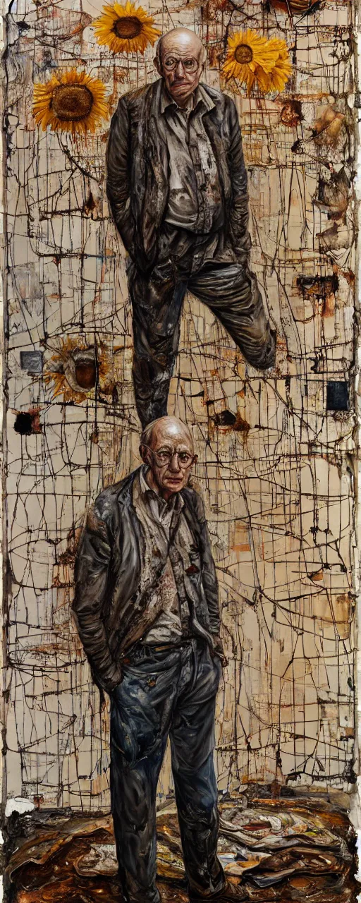 Image similar to a full length portrait of a very ordinary old man with a blank expression, Anselm Kiefer and Lucian Freud and Jenny Saville, oil painting, rust, Scaffolding, rusted metal and sunflowers, iron cladding, decay, mixed media, textured, anatomically correct, beautiful perfect face, visible brushstrokes, sharp focus, Highly Detailed, Cinematic Lighting, 8k, HD