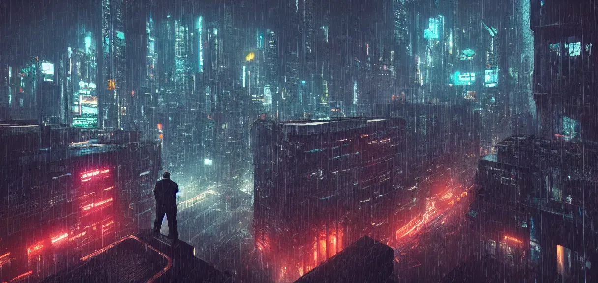 Man needlessly standing on roof overlooking cyberpunk city posing