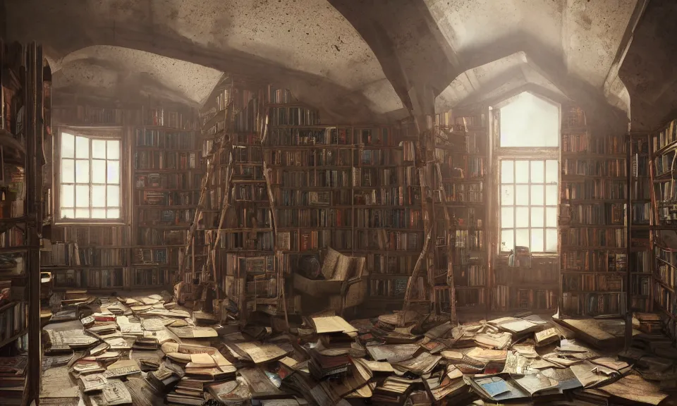 Prompt: old decrepit attic filled with bookshelves by Greg Rutkowski, ArtStation, CGSociety, ultra realistic, ray tracing, 3d render, HDR, Unreal Engine
