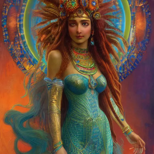 Prompt: artstation, intricate details, hyper details, by gaston bussiere and sandro botticelli, tan skin sumerian mystic lady of elche, egyptian sumerian features, techno mystic princess intergalactica, with aqua neon rapunzel dreadlocks,