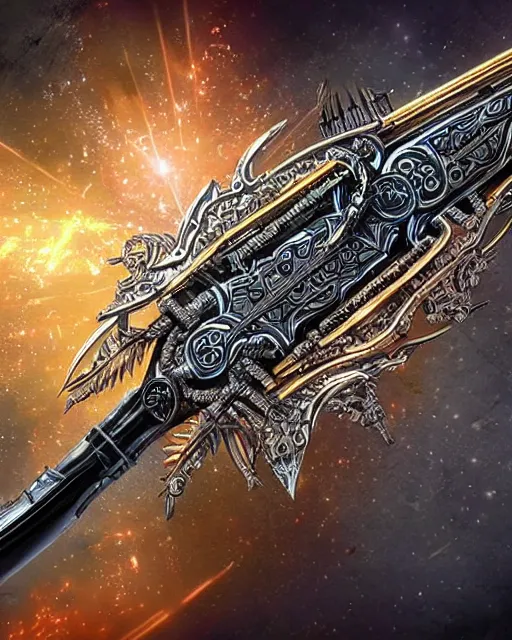 Image similar to legendary glowing sword of cybernetic technology on a table, digital award winning artwork, intimate, intricate, long sharp black and iridescent blade, ornate spikes, colorful hilt, vivid detailed realistic, raytraced blade, colored gems, golden pommel, by yoshitaka amano and deviantart