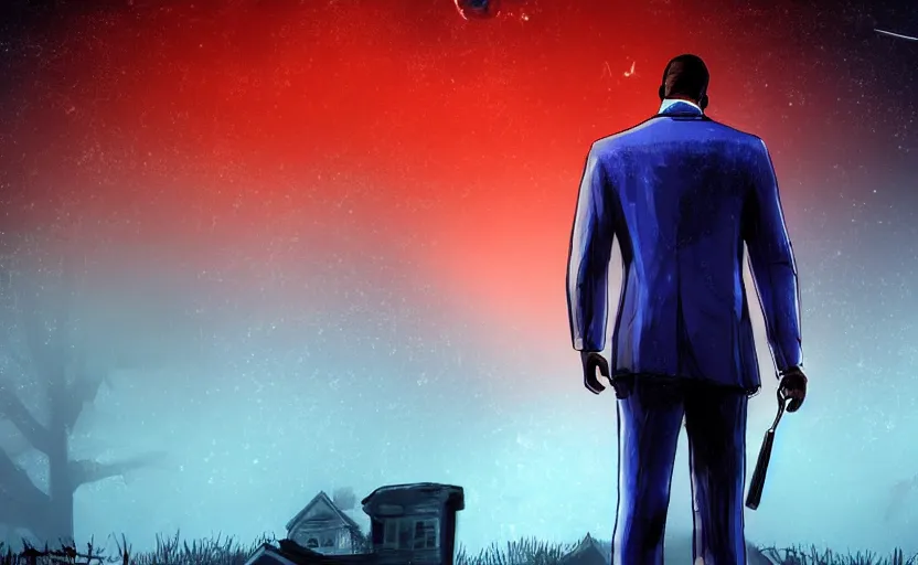 Prompt: cinematic view from behind a dead by daylight killer wearing a blue business suit looking up to the night sky, stars look like a scales of justice, character portrait, digital art