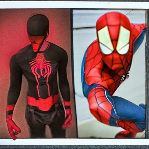 Image similar to a single iron man and spider - man hybrid, dslr, polaroid