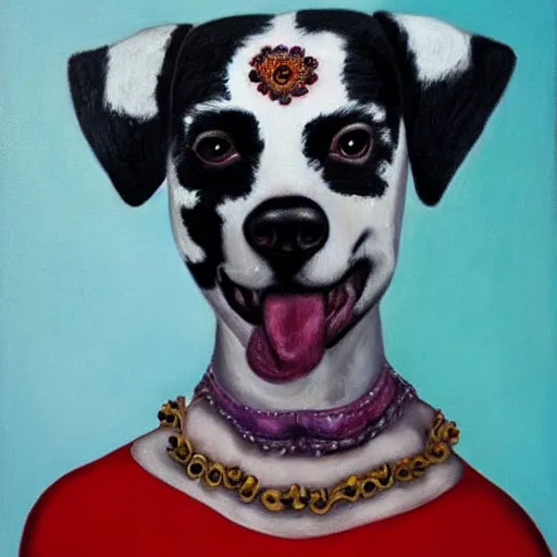 Image similar to A portrait of Dalmatian dog transformed into Frida Kahlo, oil painting, realistic