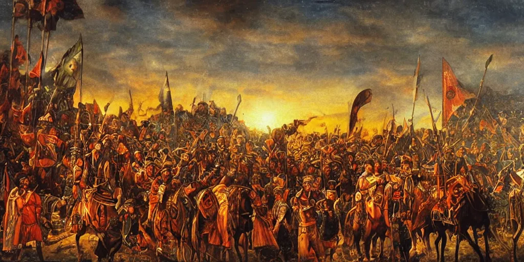 Prompt: Mehmed the 2nd entering Conatantinople with his army, sunset, light rays, cinematic, oil painting