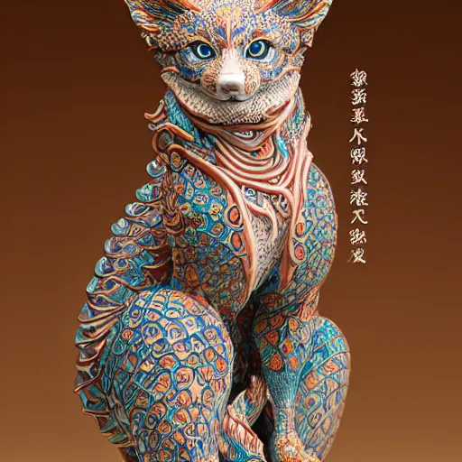 Image similar to a photo - real delicate ceramic porcelain sculpture of an ornate detailed kitsune in front of a intricate background by victo ngai and takato yamamoto, micro detail, backlit lighting, subsurface scattering, translucent, thin porcelain, octane renderer, colorful, physically based rendering, japanese pottery, trending on cgsociety