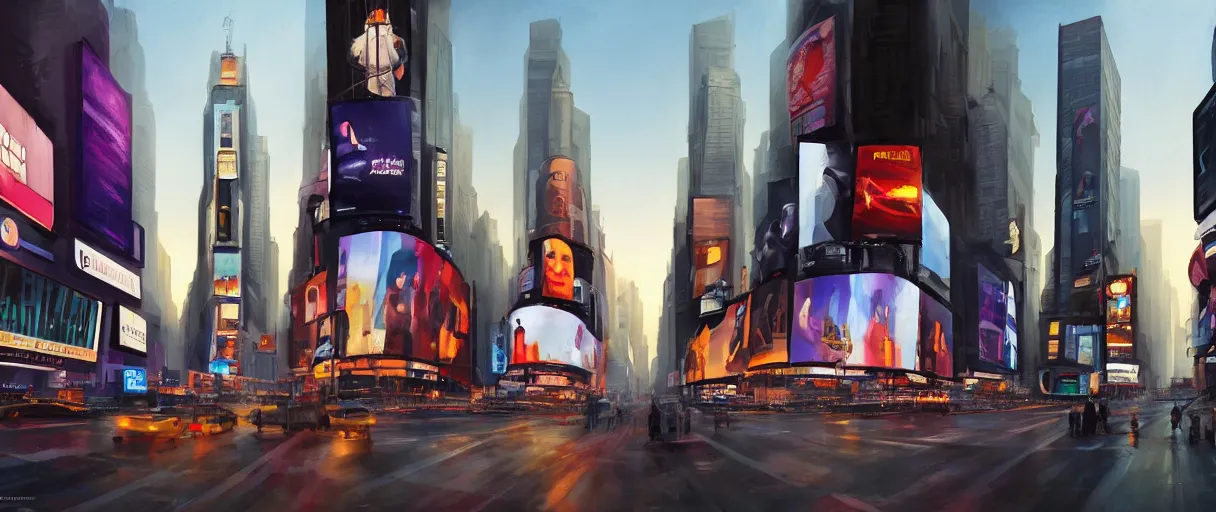 Prompt: huge modern downtown city, billboards, advertisements, Times Square, small buildings, dark, concept art, digital painting, style of Ralph Mcquarrie, warm lighting, futuristic, volumetric lighting, street view, daytime, godrays , high detail