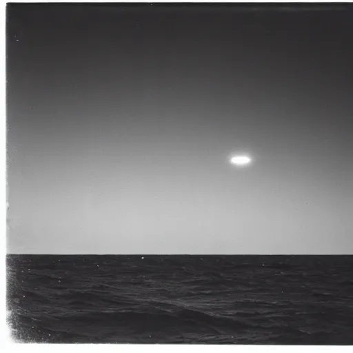 Image similar to dark photo of an ufo above the ocean, black and white, 1 9 2 0's, pictorialism