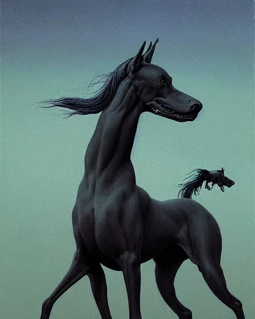 Image similar to painting of hybrid between black weimaraner & black stallion horse! & intercrossed animal, by zdzislaw beksinski, by mattias adolfsson, by tiffany bozic, cold hue's, warm tone gradient background, concept art, beautiful composition,