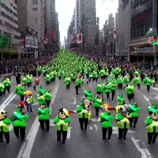 Prompt: a parade of pokemon marching down 5 th ave manhattan on st. patrick's day, 8 k, photo realistic, extremely life like