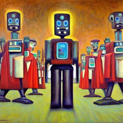 Image similar to robot druids in a grand processional, capital plaza, grant wood, pj crook, edward hopper, oil on canvas