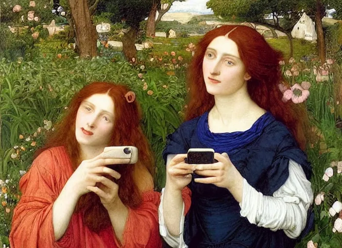 Image similar to a very very very colorful Pre-Raphaelite painting of two smiling women in a lush garden brushing their hair, holding iPhones, by Waterhouse